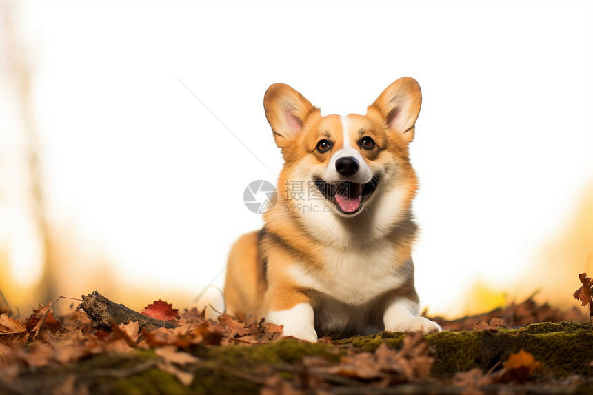 一只狗坐在叶子上图片
