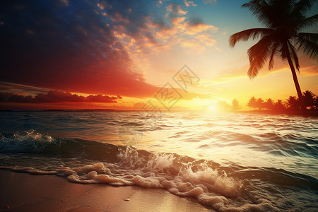 热带海景美丽的夕阳沙滩插画