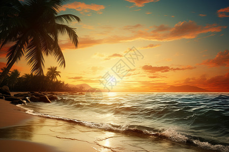热带海景石油画中的晨昏沙滩插画