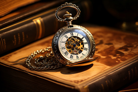 复古时钟素材古董口袋表与书背景