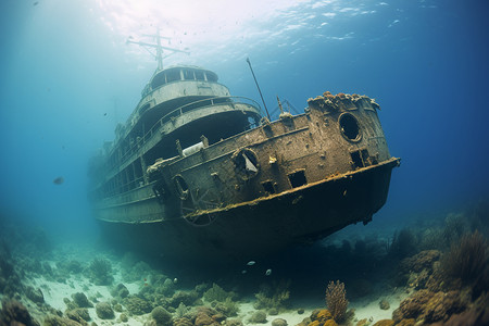 在冲绳浮潜点沉没的船在海水中背景