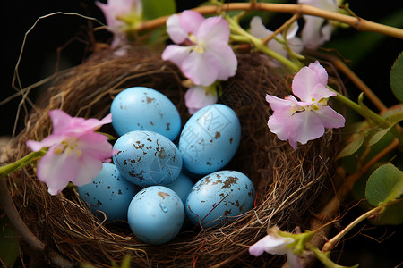 粉色花朵与蓝色鸟蛋图片