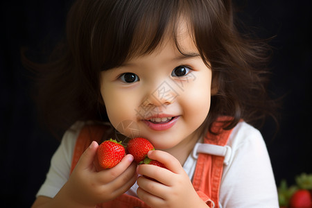 甜美小女孩吃草莓背景