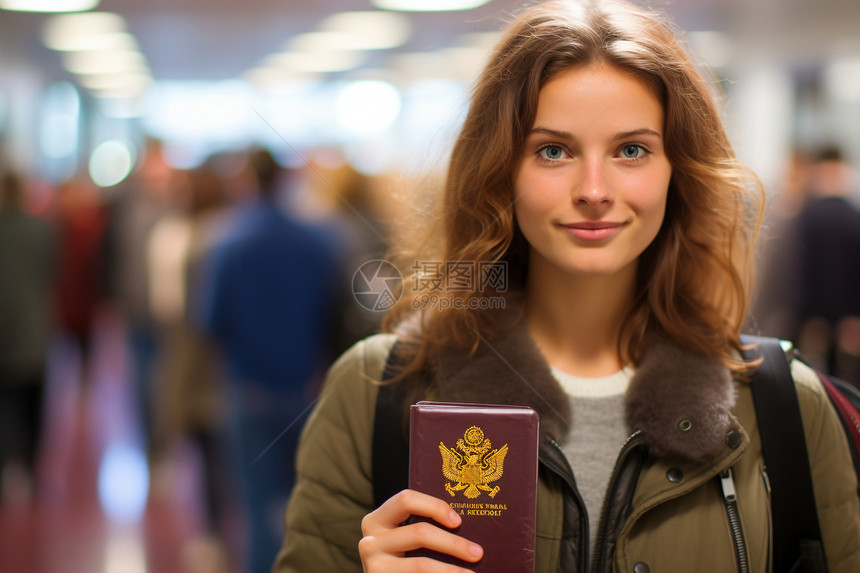 一个女性游客在机场拿着护照和背包图片
