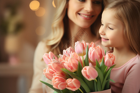 感恩节送鲜花女孩拿着鲜花祝妈妈母亲节快乐背景