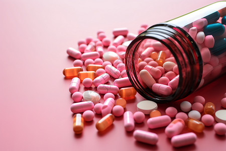 粉色药片粉色背景上放置满满的药丸设计图片
