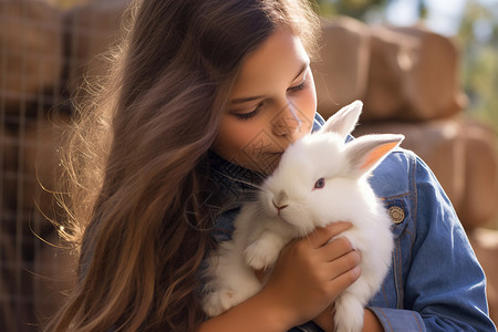 女孩轻吻小白兔图片