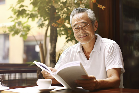 喜悦的老年人在咖啡店读书图片