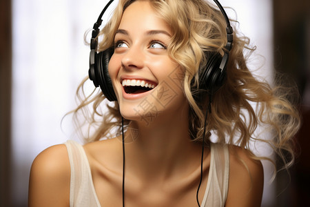 带着耳机少女带着耳机享受音乐的少女背景