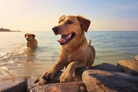 海边狗小狗在海边玩水背景