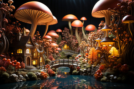 可爱彩色蘑菇奇幻仙境中的彩色菌桥设计图片