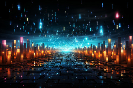 桥灯光数字化未来城市中的星空射线插画