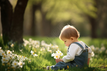 儿童花朵春天孩子坐在草地上背景
