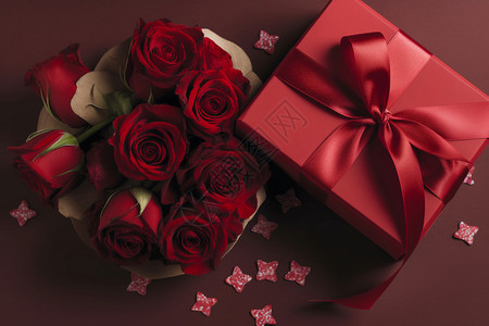 红玫瑰的浪漫和礼物背景图片