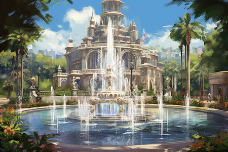 喷泉细节蓝天下的瀑的建筑和喷泉插画