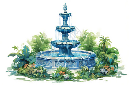 喷泉细节清幽的喷泉庭园插画