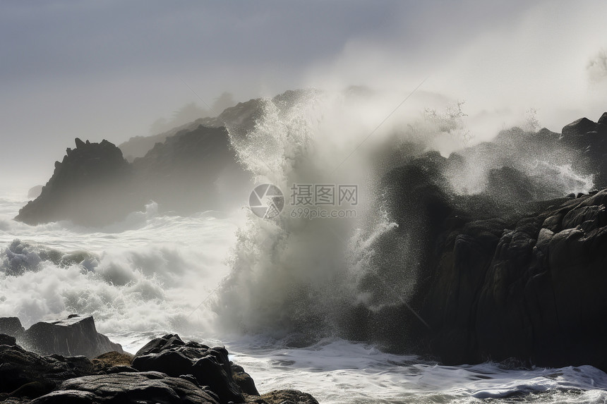 海浪撞击巨石图片