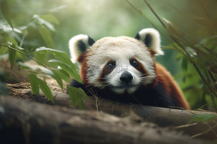 可爱小熊猫伏在森林里图片
