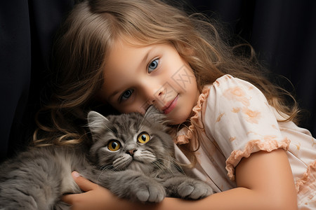 可爱的孩子和宠物猫咪图片