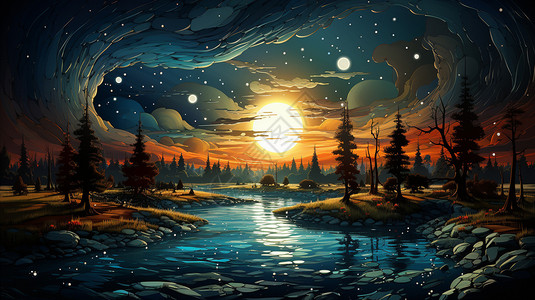 夜晚的山水油画背景图片