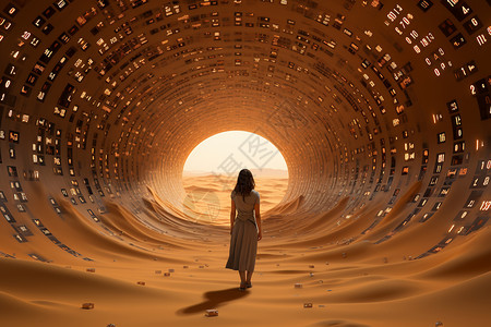 美女行走走在沙漠隧道的美女插画