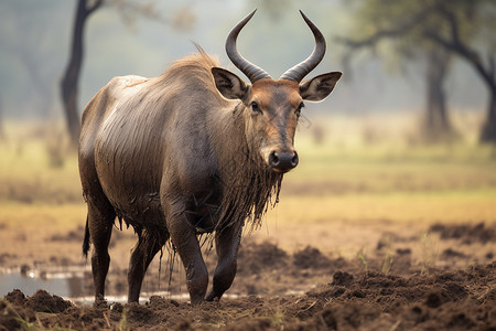 泥潭中的大角羚牛图片