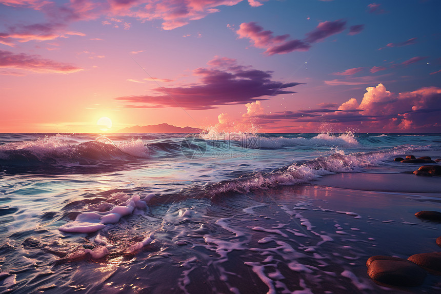 夏季日落海洋的美丽景观图片