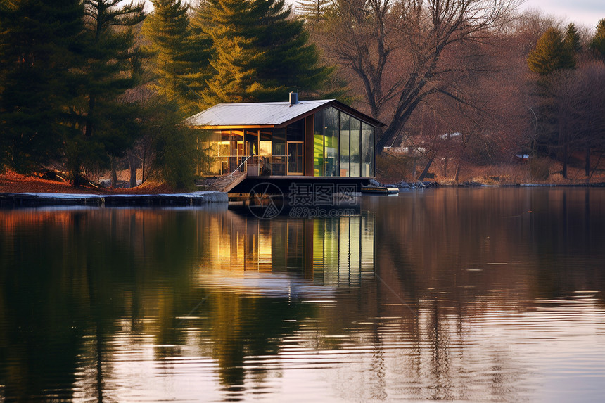 湖畔小屋的美丽景观图片