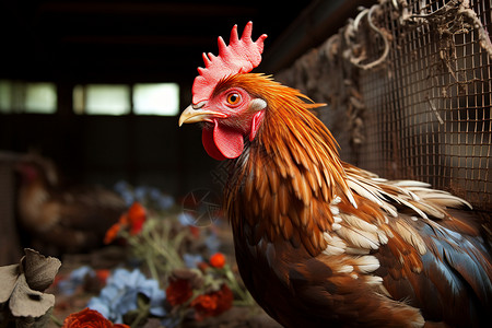农业养殖场中的公鸡家禽高清图片素材