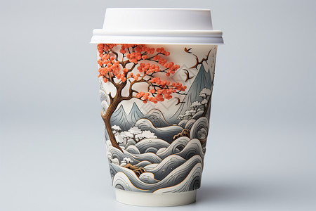 山水画的咖啡杯背景图片