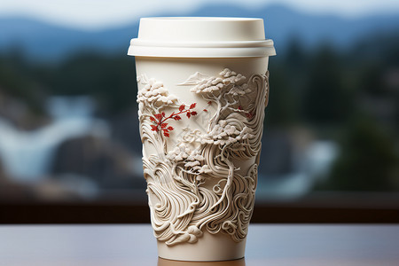 禅意中式花卉的咖啡杯图片
