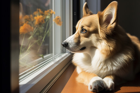 眺望窗外景色的柯基犬图片