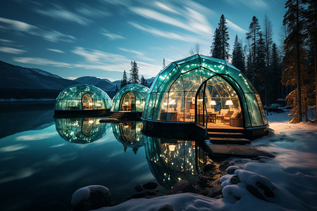 雪花透明极光中的冰屋设计图片