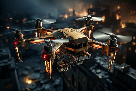 飞行在城市上空的无人机图片