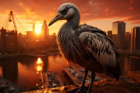 夕阳城市天台上的巨鸟图片