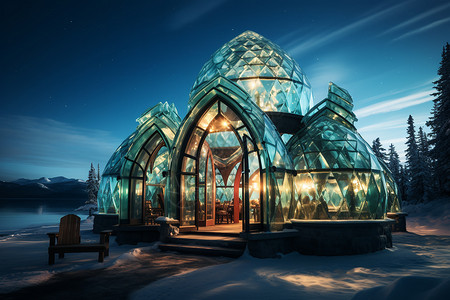 创意雪林中的全景玻璃屋背景图片