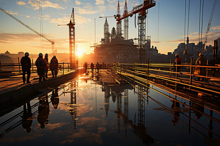 雨后建筑夕阳下的城市建筑施工现场插画