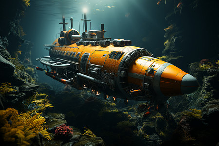 科技鱼海底探索的潜水艇背景
