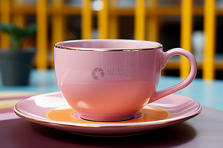 餐桌上的粉色咖啡杯图片