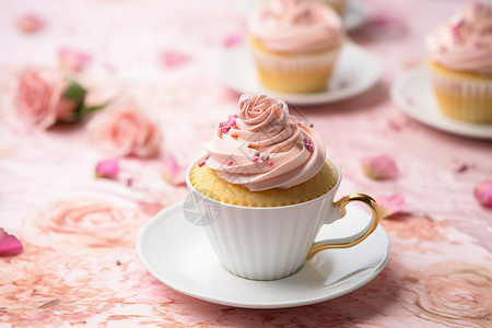 浪漫的粉色奶油纸杯蛋糕图片