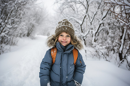 大雪路上冬季林中道路上的小女孩背景