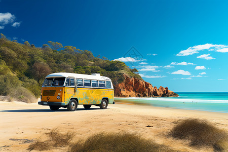 夏季海滩上的巴士背景图片