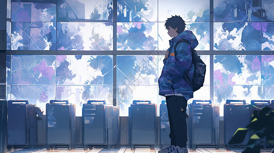 二维建筑车站里孤独的男孩插画