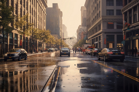 雨天倒影雨后潮湿的城市商业街插画