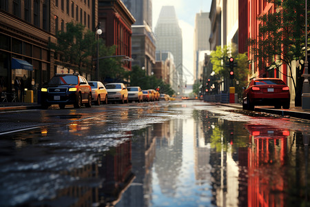 潮湿的城市商业街道图片