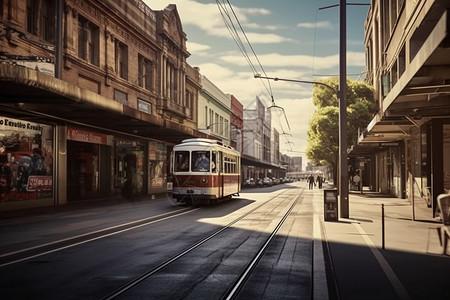 电车驶过的城市街道背景图片