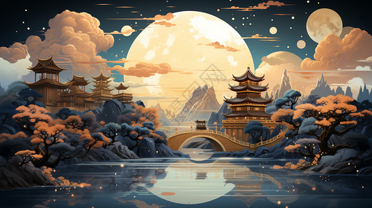 中式风格海报中秋月圆的海报插画