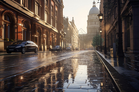 雨后宁静的商业街道背景图片
