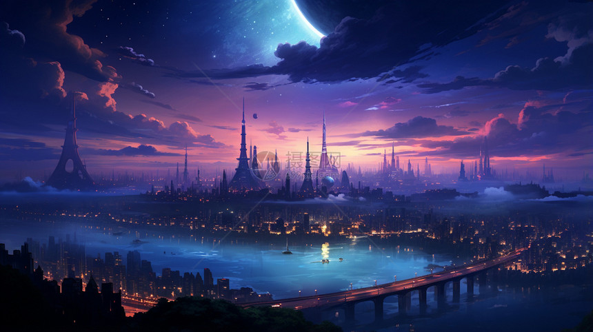 蓝紫色的城市夜景图片