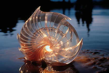 玻璃海滩海滩上透明的发光贝壳设计图片